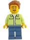 Minifig No: idea213  Name: Man - Yellowish Green Jacket over White Shirt, Sand Blue Legs, Medium Nougat Tousled Hair