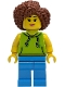 Minifig No: idea248  Name: Scooter Driver - Female, Lime Hoodie, Dark Azure Legs, Reddish Brown Coiled Hair