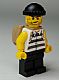 Minifig No: jail005  Name: Police - Jail Prisoner Shirt with Prison Stripes and Torn out Sleeves, Black Legs, Black Knit Cap, Open Backpack