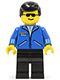 Minifig No: jbl004  Name: Jacket Blue - Black Legs, Black Male Hair, Sunglasses