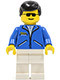 Minifig No: jbl012  Name: Jacket Blue - White Legs, Black Male Hair, Sunglasses