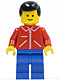 Minifig No: jred001  Name: Jacket Red with Zipper - Red Arms - Blue Legs, Black Male Hair