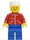 Minifig No: jred003  Name: Jacket Red with Zipper - Red Arms - Blue Legs, White Cap