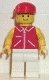 Minifig No: jred006  Name: Jacket Red with Zipper - Yellow Arms - White Legs, Red Cap