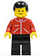 Minifig No: jred009  Name: Jacket Red with Zipper - Red Arms - Black Legs, Black Male Hair