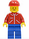 Minifig No: jred010  Name: Jacket Red with Zipper - Red Arms - Blue Legs, Red Construction Helmet