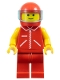 Minifig No: jred012  Name: Jacket Red with Zipper - Yellow Arms - Red Legs, Red Helmet, Trans-Light Blue Visor