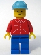 Minifig No: jred013  Name: Jacket Red with Zipper - Red Arms - Blue Legs, Maersk Blue Construction Helmet