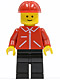 Minifig No: jred016  Name: Jacket Red with Zipper - Red Arms - Black Legs, Red Construction Helmet