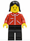 Minifig No: jred020  Name: Jacket Red with Zipper - Red Arms - Black Legs, Black Female Hair