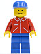 Minifig No: jred024  Name: Jacket Red with Zipper - Red Arms - Blue Legs, Blue Cap