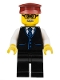 Minifig No: mk070  Name: Train Driver - Male, Black Vest with Blue Striped Tie, Black Legs, Dark Red Hat, Glasses and Moustache