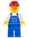 Minifig No: ovr001  Name: Overalls Blue with Pocket, Blue Legs, Red Construction Helmet
