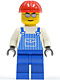 Minifig No: ovr030  Name: Overalls Striped Blue with Pocket, Blue Legs, Red Construction Helmet, Silver Glasses and Eyebrows