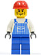 Minifig No: ovr031  Name: Overalls Striped Blue with Pocket, Blue Legs, Red Construction Helmet, Cheek Lines, Dark Bluish Gray Hands