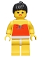 Minifig No: par009  Name: Red Halter Top - Yellow Legs, Black Ponytail Hair, Open Mouth
