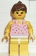 Minifig No: par017  Name: Red Dots on Pink Shirt - Yellow Legs, Brown Ponytail Hair, Open Mouth