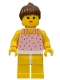 Minifig No: par017a  Name: Red Dots on Pink Shirt - Yellow Legs, Brown Ponytail Hair, Closed Mouth