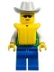Minifig No: pck012  Name: Jacket Green with 2 Large Pockets - Blue Legs, Light Gray Cowboy Hat, Life Jacket