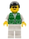 Minifig No: pck014  Name: Jacket Green with 2 Large Pockets - White Legs, Black Male Hair