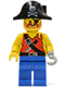 Minifig No: pi075  Name: Pirate Shirt with Knife, Blue Legs, Black Pirate Hat with Skull