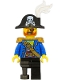 Minifig No: pi185  Name: Pirate Captain - Bicorne Hat with Skull and White Plume, Pearl Gold Epaulettes, Blue Open Jacket, Black Leg and Pearl Dark Gray Peg Leg