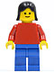 Minifig No: pln001  Name: Plain Red Torso with Red Arms, Blue Legs, Black Female Hair