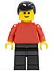 Minifig No: pln002  Name: Plain Red Torso with Red Arms, Black Legs, Black Male Hair