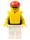 Minifig No: pln008  Name: Plain Black Torso with Yellow Arms, White Legs, Sunglasses, Red Cap, Life Jacket