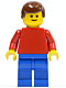 Minifig No: pln016  Name: Plain Red Torso with Red Arms, Blue Legs, Brown Male Hair