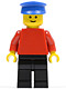 Minifig No: pln027  Name: Plain Red Torso with Red Arms, Black Legs, Blue Hat