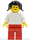 Minifig No: pln030  Name: Plain White Torso with White Arms, Red Legs, Black Pigtails Hair