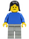 Minifig No: pln044  Name: Plain Blue Torso with Blue Arms, Light Gray Legs, Black Female Hair