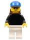Minifig No: pln045  Name: Plain Black Torso with Black Arms, White Legs, Sunglasses, Blue Cap, Backpack