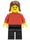 Minifig No: pln049  Name: Plain Red Torso with Red Arms, Black Legs, Brown Female Hair
