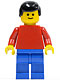 Minifig No: pln050  Name: Plain Red Torso with Red Arms, Blue Legs, Black Male Hair