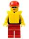 Minifig No: pln065  Name: Plain Black Torso with Yellow Arms, Red Legs, Sunglasses, Red Cap, Life Jacket