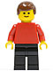 Minifig No: pln073  Name: Plain Red Torso with Red Arms, Black Legs, Brown Male Hair
