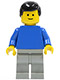Minifig No: pln074  Name: Plain Blue Torso with Blue Arms, Light Gray Legs, Black Male Hair