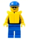 Minifig No: pln097  Name: Plain Black Torso with Yellow Arms, Blue Legs, Sunglasses, Blue Cap, Life Jacket