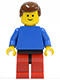 Minifig No: pln105  Name: Plain Blue Torso with Blue Arms, Red Legs with Black Hips, Brown Male Hair