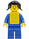 Minifig No: pln108  Name: Plain Blue Torso with Blue Arms, Blue Legs, Black Pigtails Hair, Yellow Vest