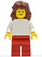 Minifig No: pln113  Name: Plain White Torso with White Arms, Red Legs, Reddish Brown Mid-Length Female Hair