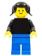 Minifig No: pln136  Name: Plain Black Torso with Black Arms, Blue Legs, Black Pigtails Hair