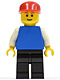 Minifig No: pln162  Name: Plain Blue Torso with White Arms, Black Legs, Red Cap, Brown Eyebrows, Thin Grin