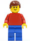Minifig No: pln168  Name: Plain Red Torso with Red Arms, Blue Legs, Reddish Brown Male Hair, Brown Eyebrows, Thin Grin