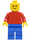 Minifig No: pln169  Name: Plain Red Torso with Red Arms, Blue Legs, Brown Eyebrows, Thin Grin