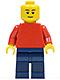 Minifig No: pln171  Name: Plain Red Torso with Red Arms, Dark Blue Legs, No Headgear, Black Eyebrows, Thin Grin