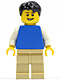 Minifig No: pln172  Name: Plain Blue Torso with White Arms, Tan Legs, Black Short Tousled Hair