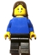 Minifig No: pln179  Name: Plain Blue Torso with Blue Arms, Black Legs, Brown Female Hair